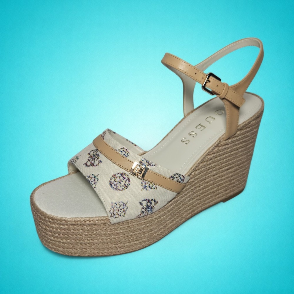 New Guess Women's Taani White/Beige‎ Rainbow Logo Platform Wedge Sandals, 11 M